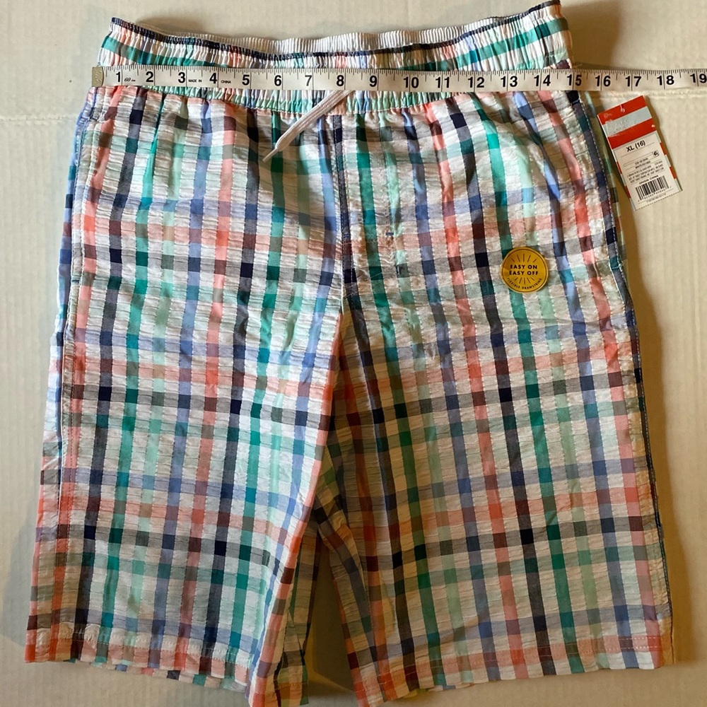 Cat and Jack plaid swim trunk, back pocket with velcro, drawstring waist, XL 16